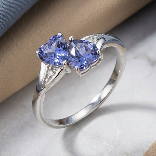 Sterling Silver Double Heart Tanzanite CZ Ring