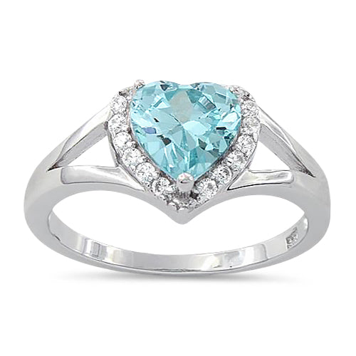 Sterling Silver Heart Aqua CZ Ring