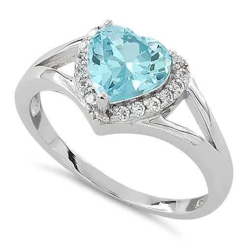 Sterling Silver Heart Aqua CZ Ring
