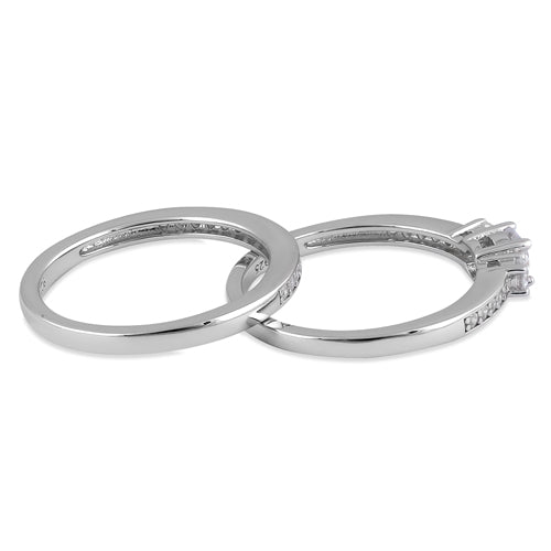 Sterling Silver 3 Stones Engagement Set Ring