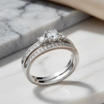 Sterling Silver 3 Stones Engagement Set Ring