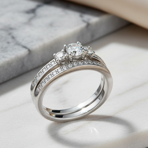 Sterling Silver 3 Stones Engagement Set Ring