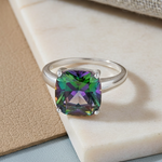 Sterling Silver Cushion-Cut Rainbow CZ Ring
