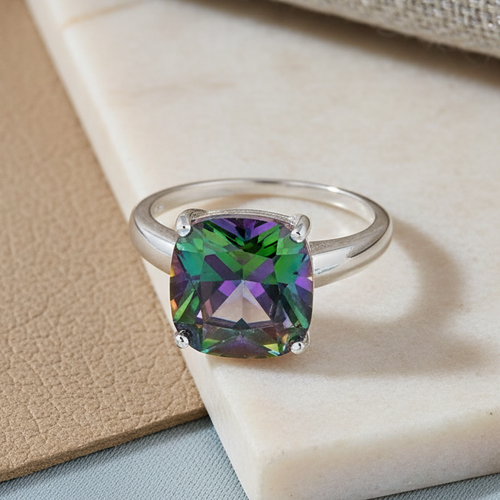 Sterling Silver Cushion-Cut Rainbow CZ Ring