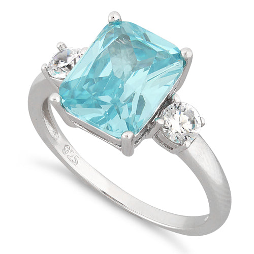 Sterling Silver Triple Rectangular Aquamarine CZ Ring