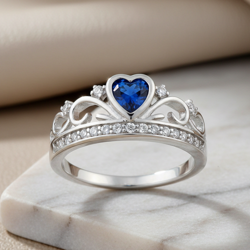 Sterling Silver Heart Crown Blue Sapphire CZ Ring