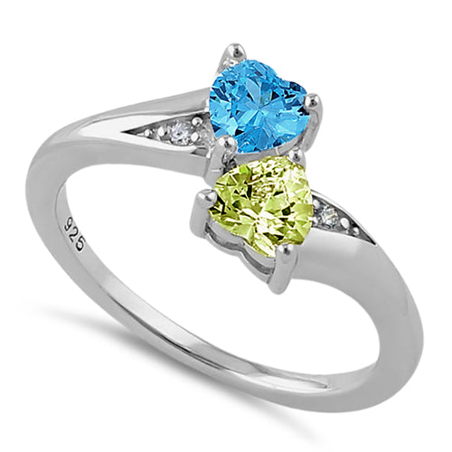Sterling Silver Double Heart Blue Topaz & Apple Green CZ Ring