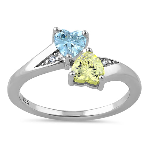 Sterling Silver Double Heart Apple Green & Aquamarine CZ Ring