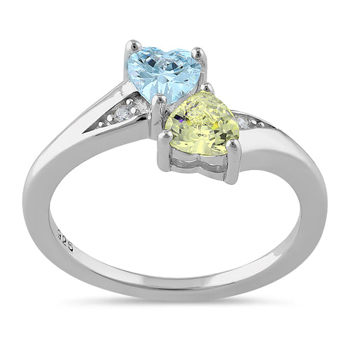 Sterling Silver Double Heart Apple Green & Aquamarine CZ Ring