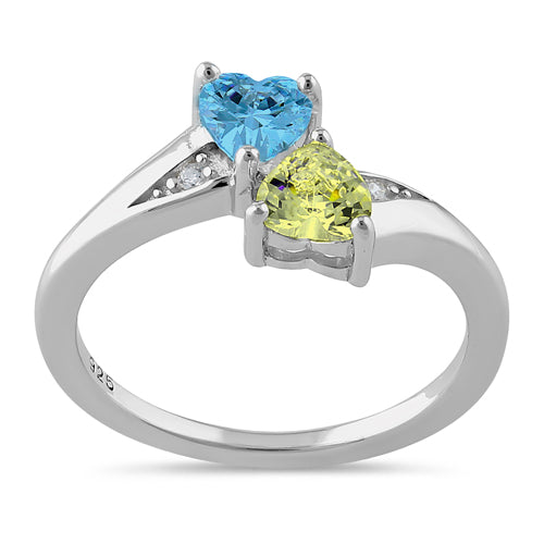 Sterling Silver Double Heart Blue Topaz & Apple Green CZ Ring