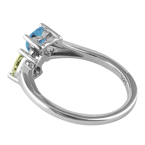 Sterling Silver Double Heart Blue Topaz & Apple Green CZ Ring