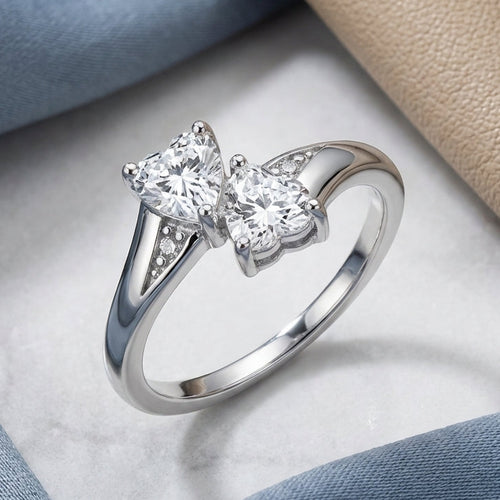 Sterling Silver Double Heart Clear CZ Ring