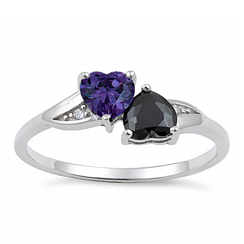 Sterling Silver Double Heart Violet & Black CZ Ring