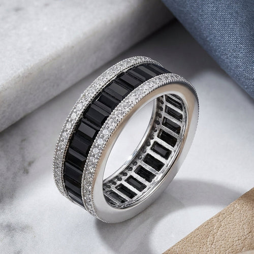 Sterling Silver Emerald-Cut Eternity Pave Black CZ Ring