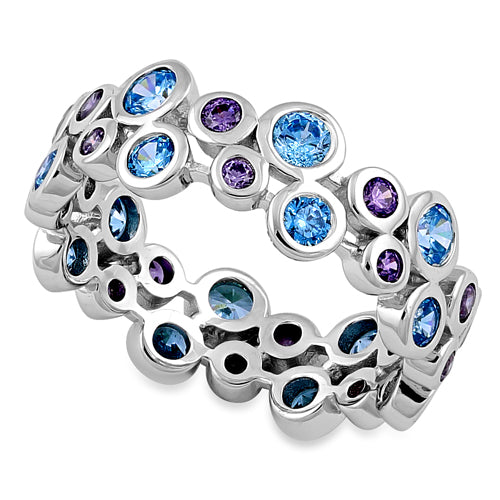 Sterling Silver Aqua Blue & Amethyst Elegant CZ Ring