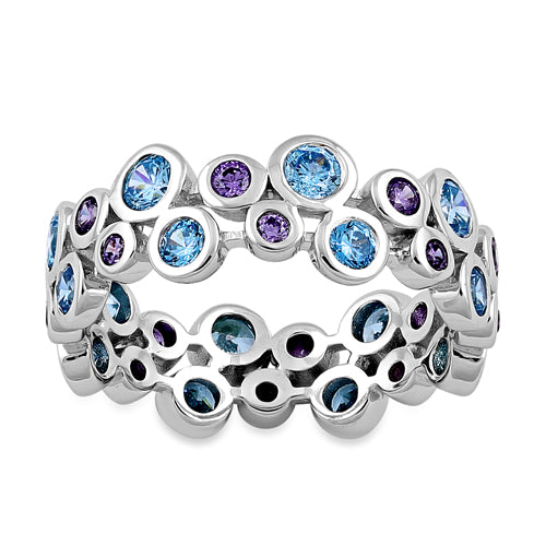 Sterling Silver Aqua Blue & Amethyst Elegant CZ Ring