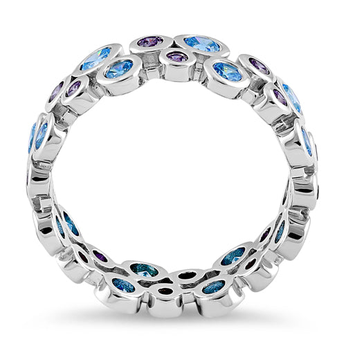 Sterling Silver Aqua Blue & Amethyst Elegant CZ Ring