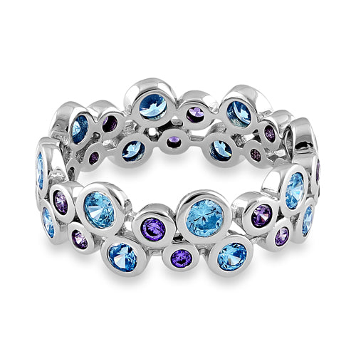 Sterling Silver Aqua Blue & Amethyst Elegant CZ Ring