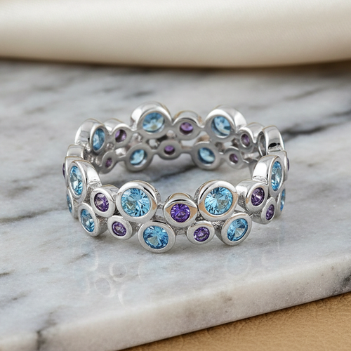 Sterling Silver Aqua Blue & Amethyst Elegant CZ Ring