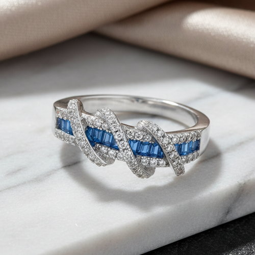 Sterling Silver Exotic Twisted Blue CZ Ring
