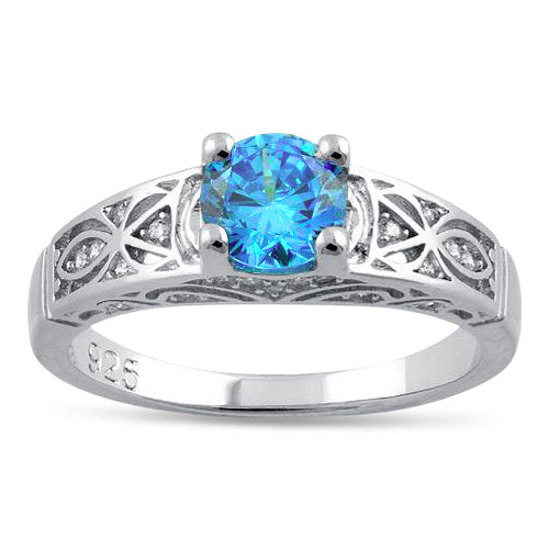 Sterling Silver Aqua Blue Round Cut Engagement CZ Ring