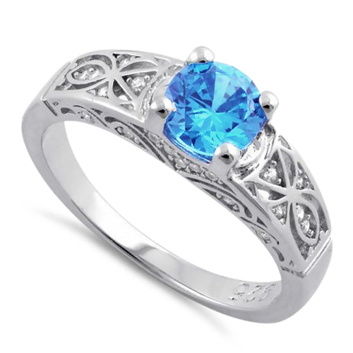 Sterling Silver Aqua Blue Round Cut Engagement CZ Ring