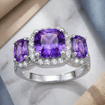 Sterling Silver Purple 3 Stone Halo CZ Ring