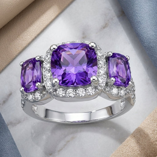 Sterling Silver Purple 3 Stone Halo CZ Ring