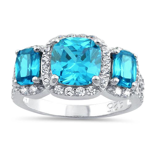 Sterling Silver Aqua Blue Three Stone Halo CZ Ring