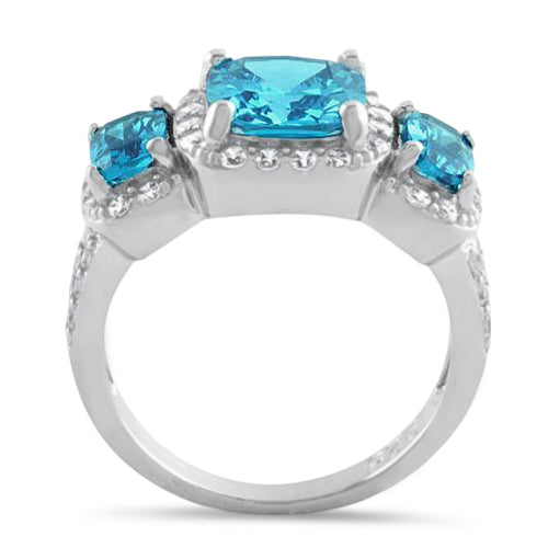 Sterling Silver Aqua Blue Three Stone Halo CZ Ring