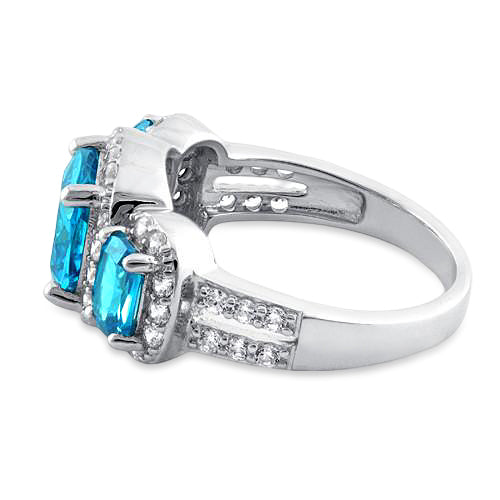 Sterling Silver Aqua Blue Three Stone Halo CZ Ring