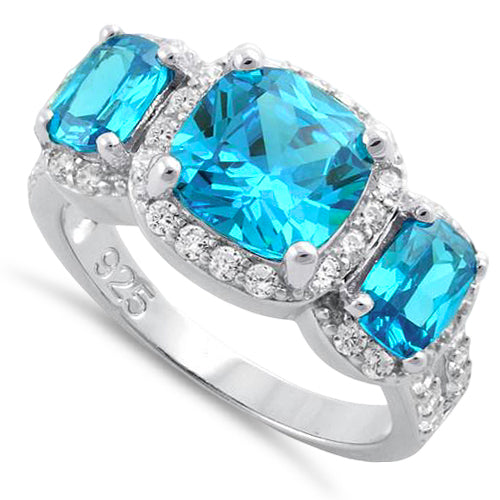 Sterling Silver Aqua Blue Three Stone Halo CZ Ring
