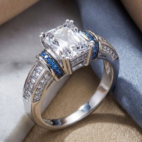 Sterling Silver Emerald-Cut Blue CZ Ring