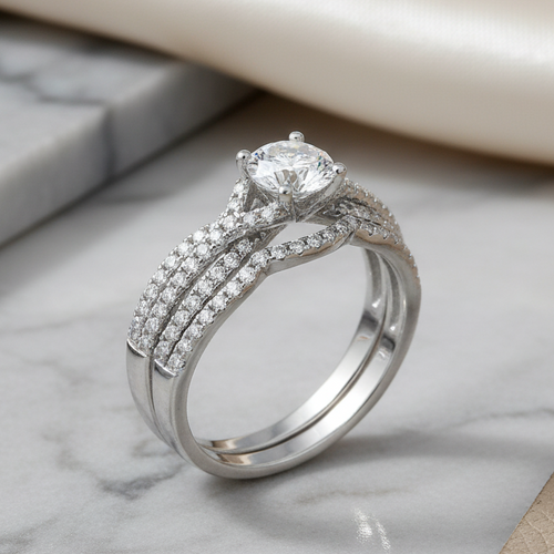 Sterling Silver Round Engagement Set Clear CZ Ring