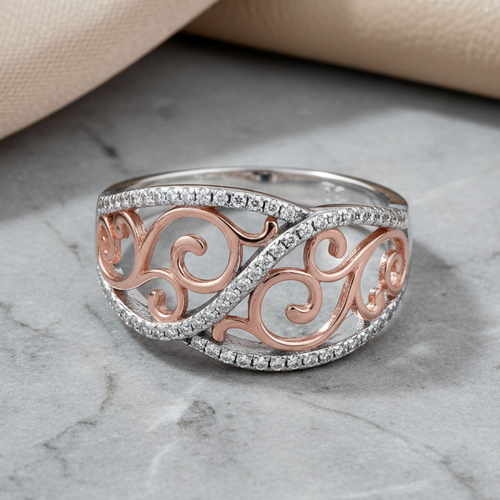 Sterling Silver Vines Two-tone Rose Gold Plated CZ Ring