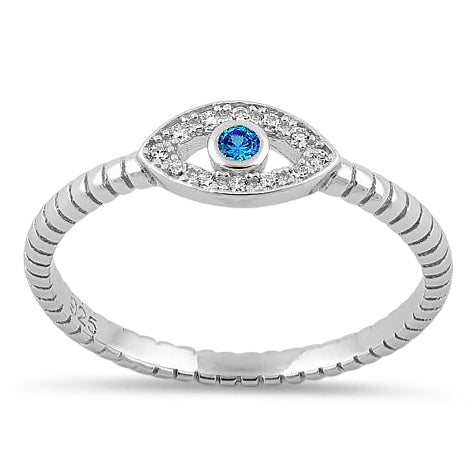 Sterling Silver Aqua Blue Stone Evil Eye CZ Ring