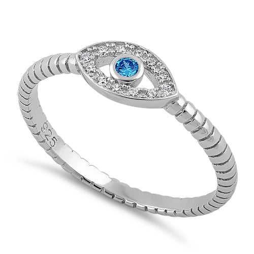 Sterling Silver Aqua Blue Stone Evil Eye CZ Ring