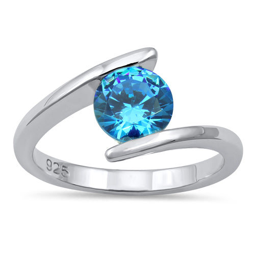 Sterling Silver Round Bezel Blue Topaz CZ Ring