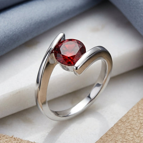 Sterling Silver Round Bezel Garnet CZ Ring