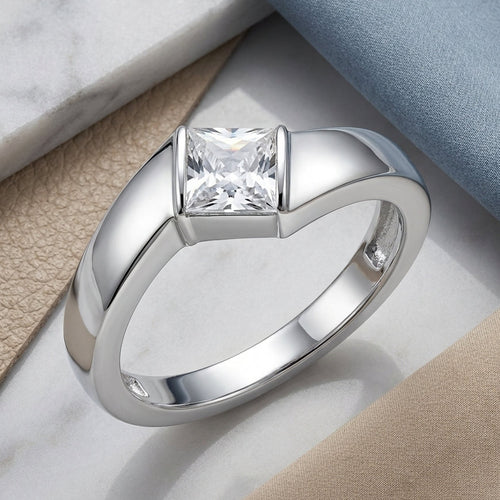 Sterling Silver Channel Bar Square Clear CZ Ring
