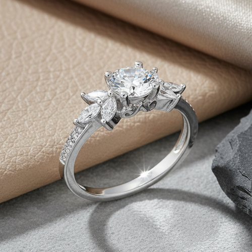 Sterling Silver Flower Leaves CZ Ring