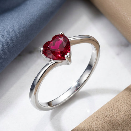 Sterling Silver Ruby Heart CZ Ring