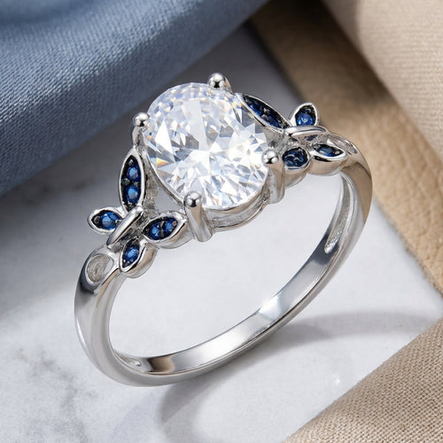 Sterling Silver Double Butterfly Oval CZ Ring
