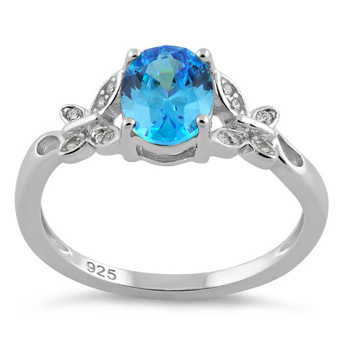 Sterling Silver Butterfly Aqua CZ Ring