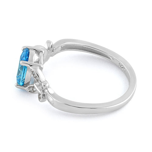 Sterling Silver Double Butterfly Aqua Center Stone CZ Ring