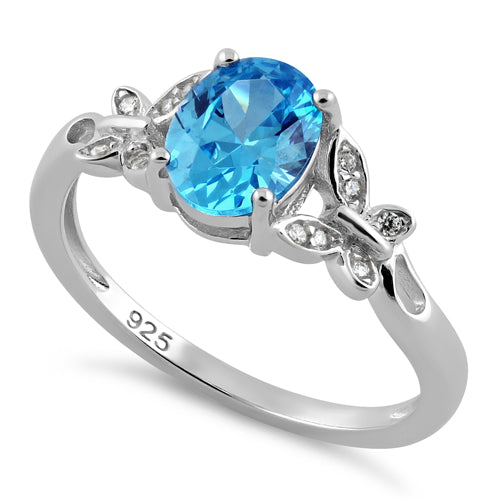 Sterling Silver Double Butterfly Aqua Center Stone CZ Ring