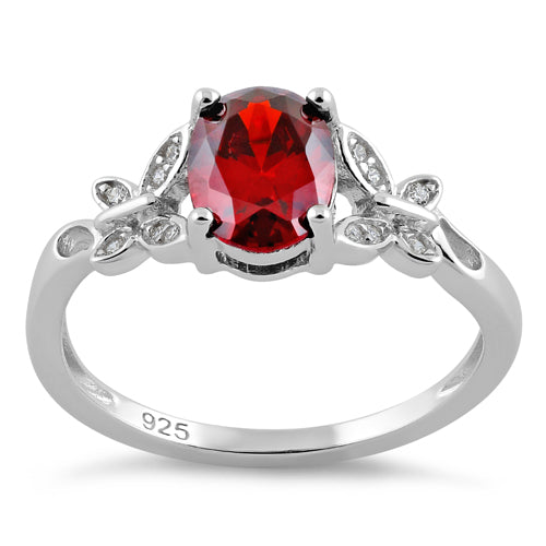 Sterling Silver Double Butterfly Garnet Center Stone CZ Ring