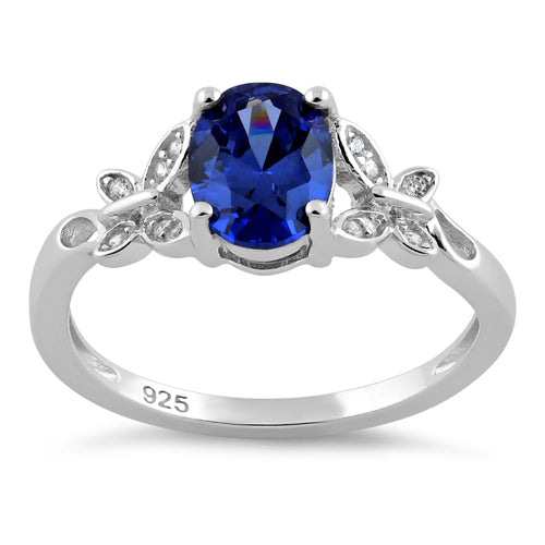 Sterling Silver Double Butterfly Dark Tanzanite Center Stone CZ Ring