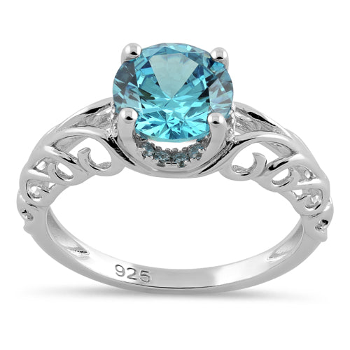 Sterling Silver Swirl Design Aqua and Clear CZ Ring