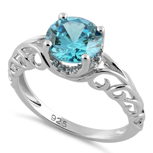 Sterling Silver Swirl Design Aqua and Clear CZ Ring